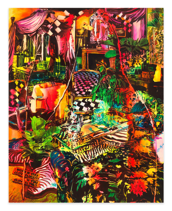 Acid Trip in the Jungle Room, 2022, Acrylic, spray paint, photo transfer, and oil on canvas, 60 x 48 inches, 152.4 x 121.9 cm, MMG#35837