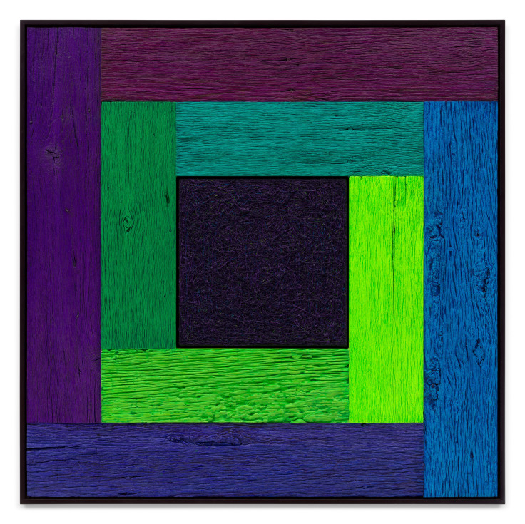 Untitled (Tree Painting-Coencentric, Spectrum Cool), 2023, Oil on linen and acrylic stain on reclaimed wood with artist frame, 52 x 52 inches, 132.1 x 132.1 cm, MMG#36037
