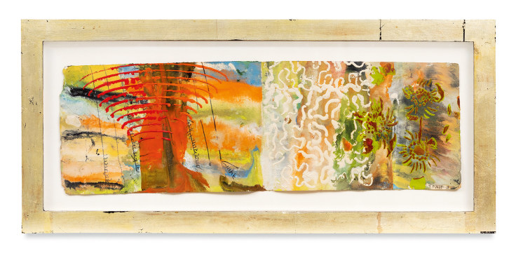 Raga 3, 2013,&nbsp;Oil stick, encaustic, vintage Indian paper, in artist&#039;s frame,&nbsp;10 x 22 inches,&nbsp;25.4 x 55.9 cm,&nbsp;MMG#30622