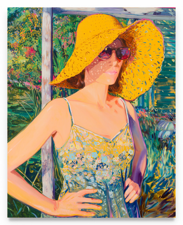 Isca in a Floral Dress Sunhat (Yellow), 2024, Oil on canvas, 80 x 64 inches, 203.2 x 162.6 cm, MMG#37224