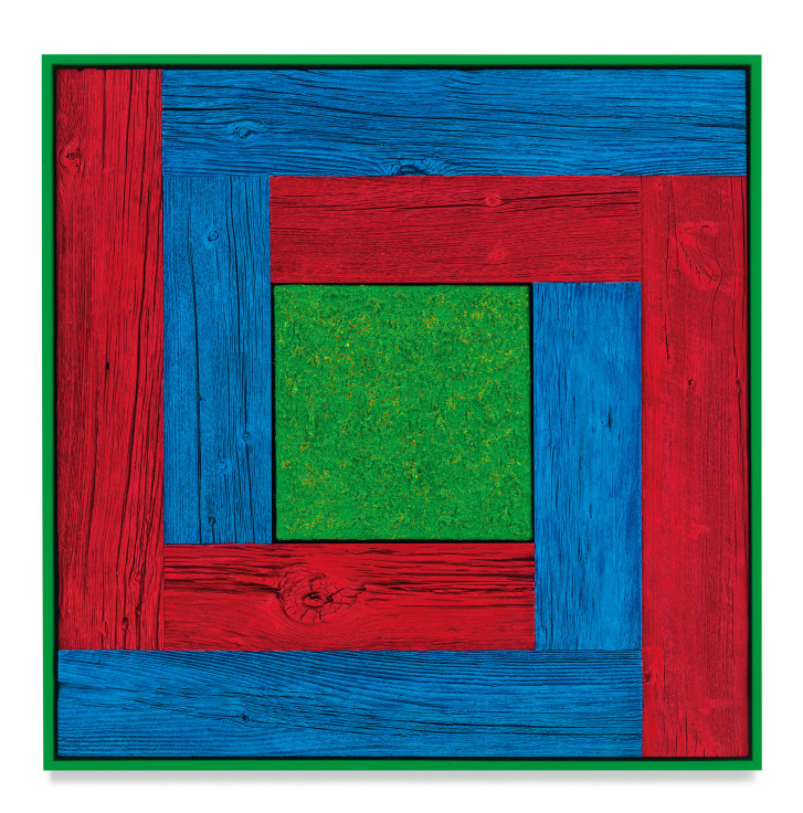 Untitled (Tree Painting, Double L, Red, Blue, and Green), 2020, Oil on linen and acrylic stain on reclaimed wood with artist frame, 33 7/8 x 33 7/8 inches, 86 x 86 cm,&nbsp;MMG#32873
