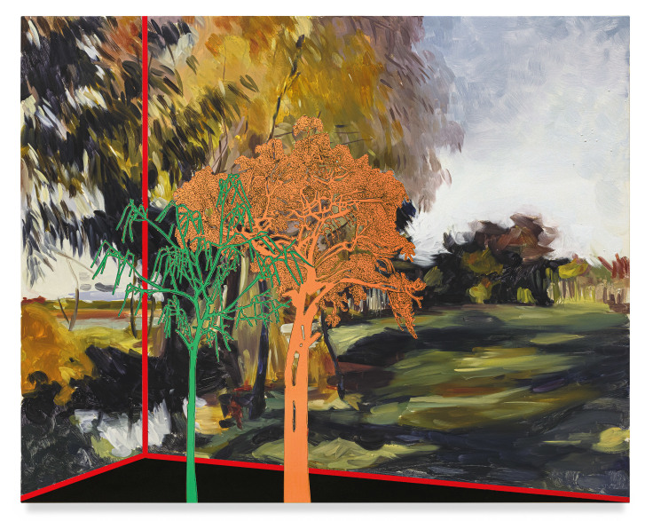 Veduta (Sargent Broadway), 2023, Ink and oil on linen on panel, 32 x 40 x 2 inches, 81.3 x 101.6 x 5.1 cm, MMG#35763