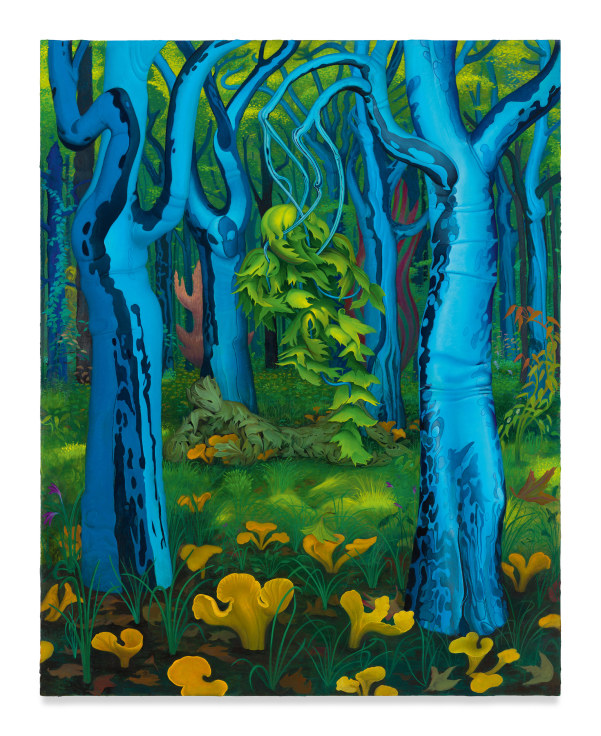 This is a landscape painting of a forest clearing with blue sycamore trees, yellow floral mushrooms, and sunlit mossy grounds. In the background, a humanoid figure composed of green leaves reclines.