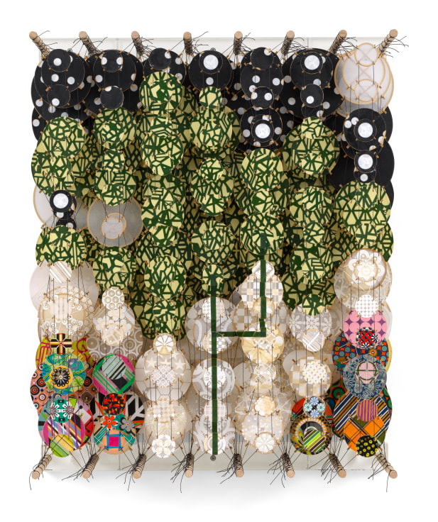 The plot of one&rsquo;s own destruction, 2025, Acrylic, paper, bamboo, wood, and Dacron,