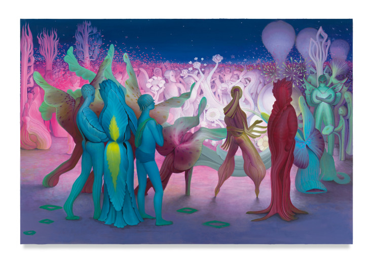 This is a colorful painting or illustration of a group of surreal animorphic flower figures. It is a surrealist painting with vibrant colors.