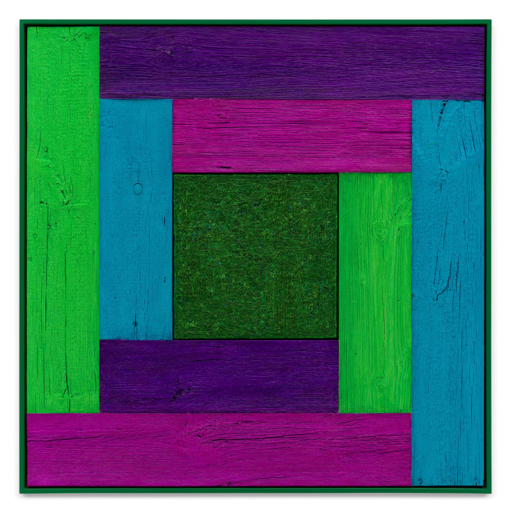 Untitled (Tree Painting-Coencentric, Purple, Turquoise, Magenta, Green), 2023, Oil on linen and acrylic stain on reclaimed wood with artist frame, 52 x 52 inches, 132.1 x 132.1 cm, MMG#36041