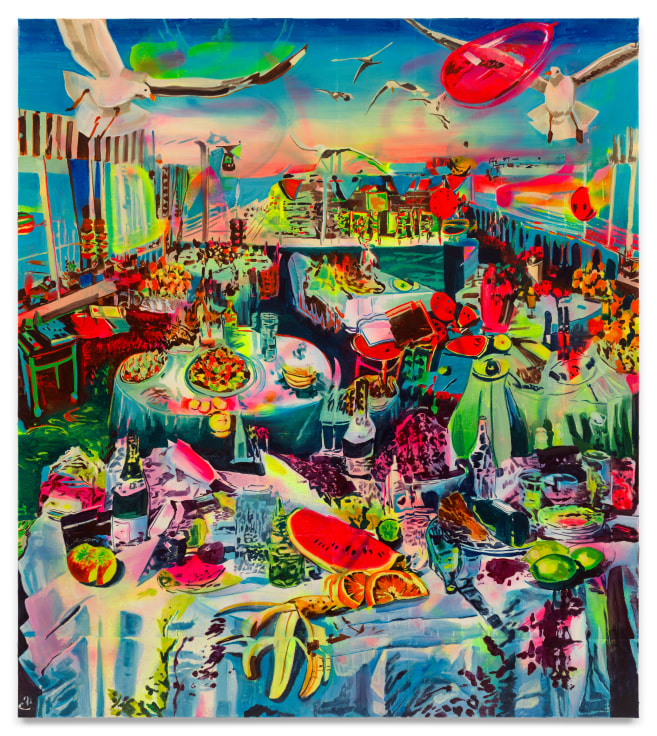 Seagulls Delight, 2023, Acrylic, spray paint, photo transfer, and oil on canvas, 71 1/2 x 63 inches, 181.6 x 160 cm, MMG#35965