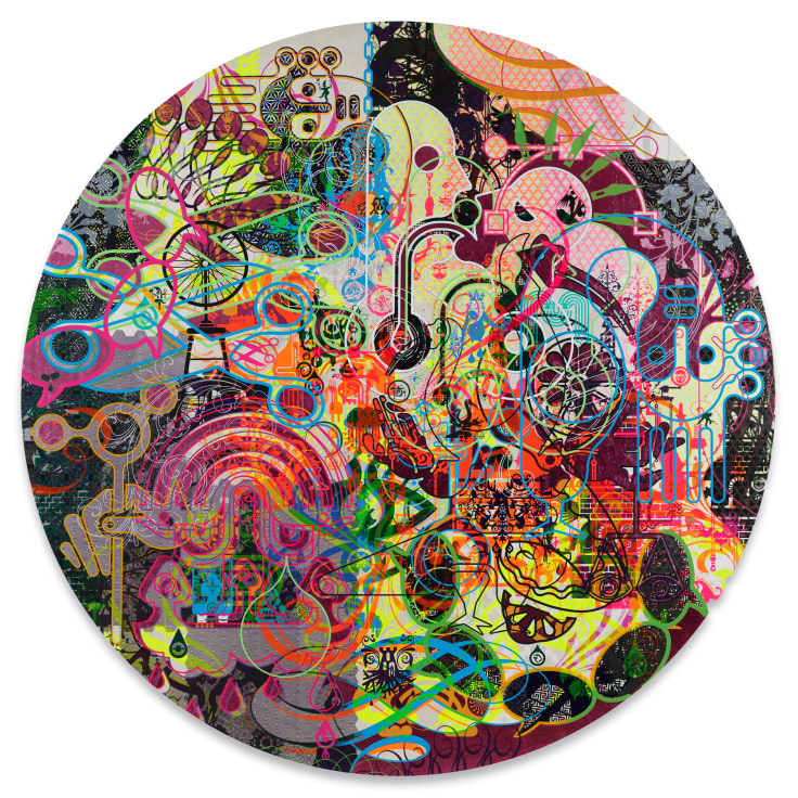 RYAN McGINNESS, Hyperkulturemia, 2021, Acrylic and metal leaf on canvas, 72 inch / 182.9 cm diameter, MMG#34137