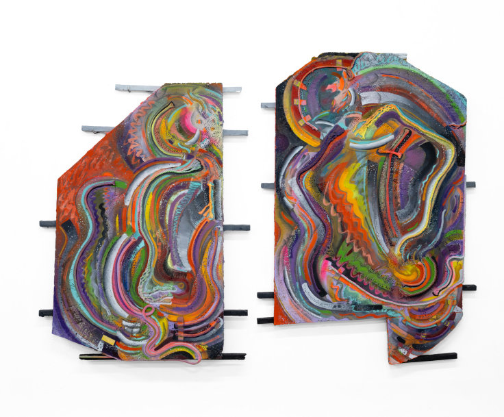 when stone entwines, 2023, Oil and enamel paint, graphite on cast aluminum, in two parts, Left Panel 39 1/2 x 29 3/4 x 2 1/2 inches, 100.3 x 75.6 x 6.4 cm, Right Panel 45 x 32 1/2 x 2 1/2 inches, 114.3 x 82.6 x 6.4 cm,&nbsp;MMG#35105