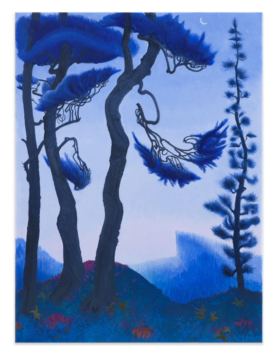 Blue Spruce and Waning Crescent Moon, 2021, Enamel on canvas, 40 1/4 x 30 1/8 inches, 102.2 x 76.5 cm, MMG#32997