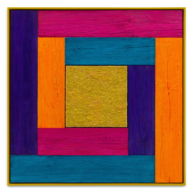 Untitled (Tree Painting-Coencentric, Magenta, Orange, Blue, Indigo), 2023, Oil on linen and acrylic stain on reclaimed wood with artist frame, 52 x 52 inches, 132.1 x 132.1 cm, MMG#36042