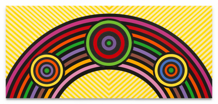 Untitled (Rainbow Targets), 2024, Acrylic paint and glitter on wood, 36 x 80 inches, 91.4 x 203.2 cm, MMG#36975