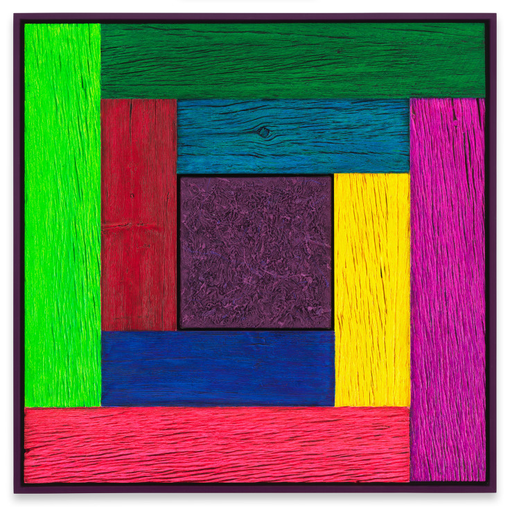 DOUGLAS MELINI, Untitled (Tree Painting - Multi-Color/Purple), 2021, Oil on linen and acrylic stain on reclaimed wood with artist frame, 38 x 38 inches, 96.5 x 96.5 cm, MMG#34270
