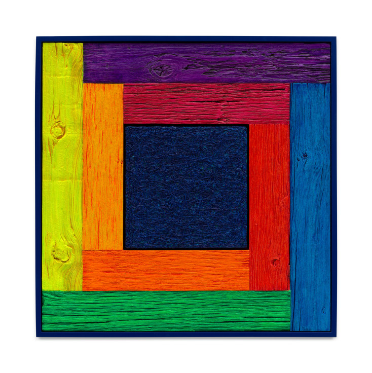 Untitled (Tree Painting-Coencentric, Full Spectrum Blue), 2023, Oil on linen and acrylic stain on reclaimed wood with artist frame, 30 x 30 inches, 76.2 x 76.2 cm, MMG#36049