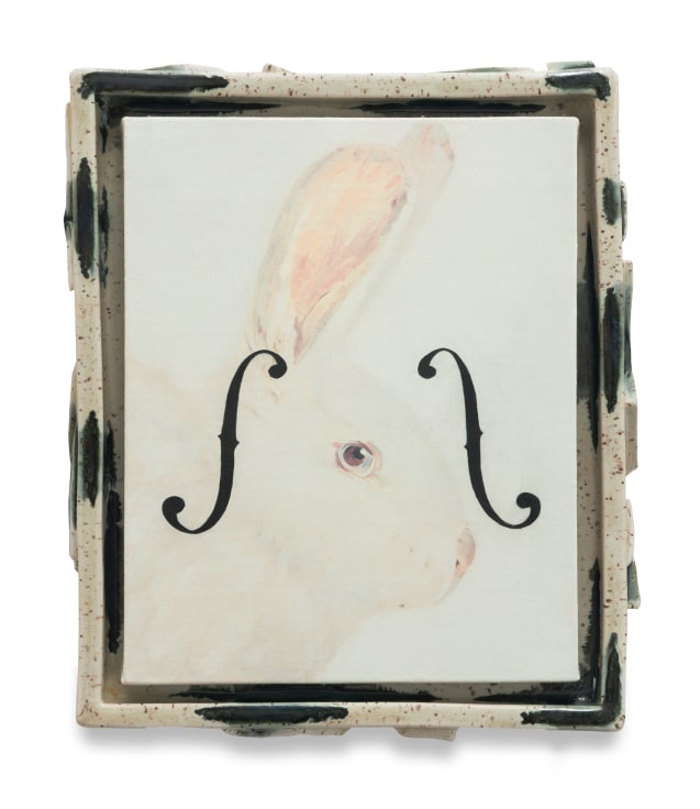 Magician&rsquo;s Assistant, 2025, Oil on linen in stoneware frame, 12 x 10 3/8 x 1 1/2 inches, 30.5 x 26.4 x 3.8 cm, MMG#37753
