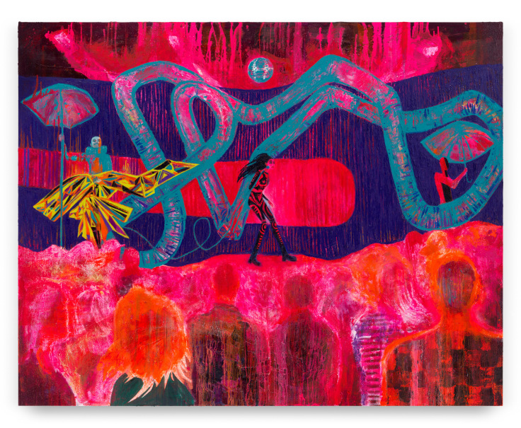Geneva Jacuzzi (Spaceland), 2023, Oil, pastel and ink on linen, 78 x 98 inches, 198.1 x 248.9 cm, MMG#35349