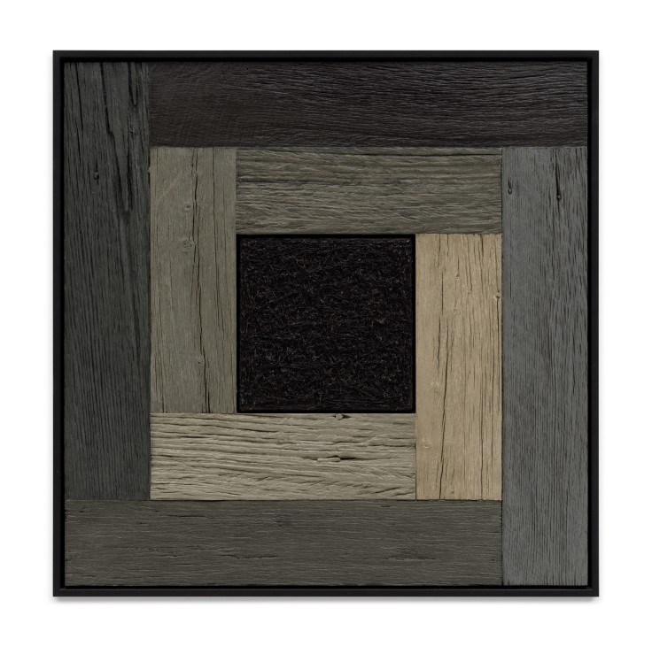Untitled (Tree Painting-Coencentric, Eight Greys Warm), 2023, Oil on linen and acrylic stain on reclaimed wood with artist frame, 38 x 38 inches, 96.5 x 96.5 cm, MMG#36047