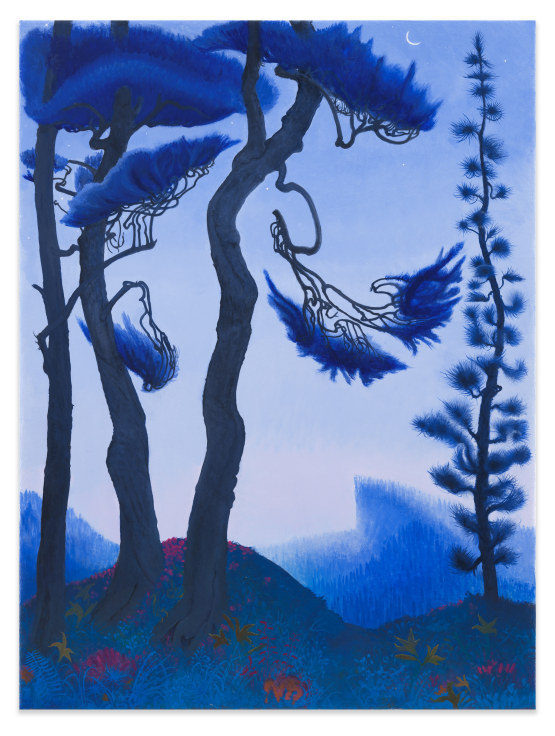 Inka Essenhigh, Blue Spruce and Waning Crescent Moon, 2021, Enamel on canvas, 40 1/4 x 30 1/8 inches, 102.2 x 76.5 cm, MMG#32997