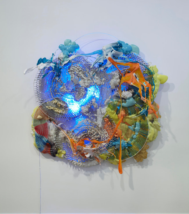 Humming in 5 Parts,&nbsp;2012, Honeycomb cardboard, melted plastics, expanded foam, mild steel rod, fluorescent light, 61 x 61 x 12 inches, MMG#20617