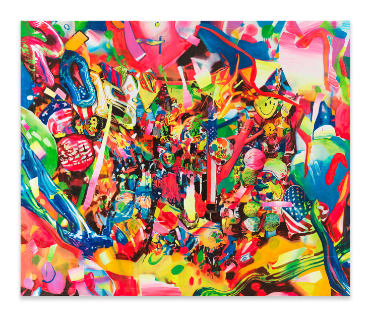 Rosson Crow, Party Supply Explosion, 2024, Acrylic, spray paint, photo transfer, and oil on canvas, 70 x 84 inches, 177.8 x 213.4 cm, MMG#36438