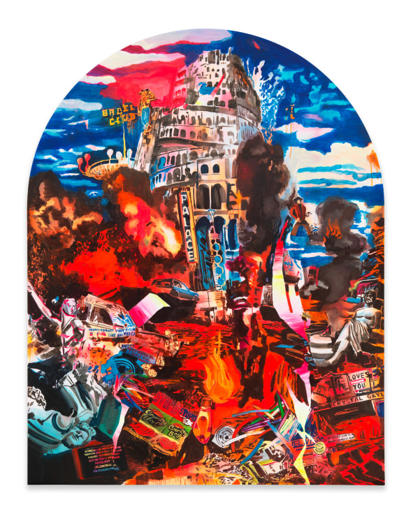 Destruction of Babel, 2024, Acrylic, spray paint, photo transfer, and oil on canvas, 84 x 66 inches, 213.4 x 167.6 cm, MMG#36624