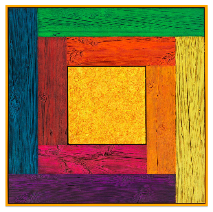 Untitled (Tree Painting, Full Spectrum/Yellow), 2019, Oil on linen and acrylic stain on reclaimed wood with artist frame, 42 x 42 inches, 106.7 x 106.7 cm