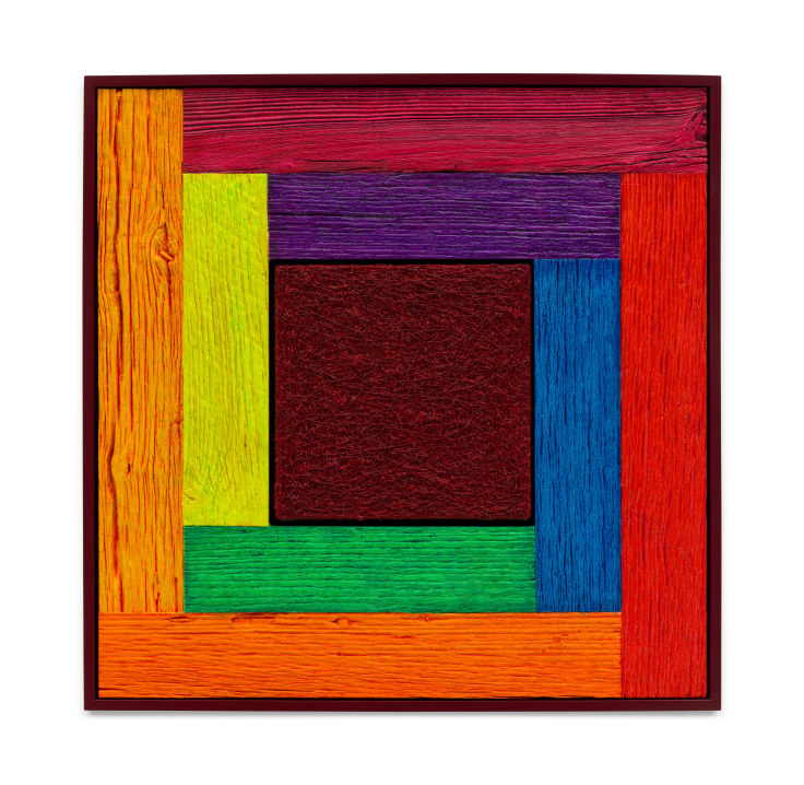 Untitled (Tree Painting-Coencentric, Full Spectrum Red), 2023, Oil on linen and acrylic stain on reclaimed wood with artist frame, 30 x 30 inches, 76.2 x 76.2 cm, MMG#36048