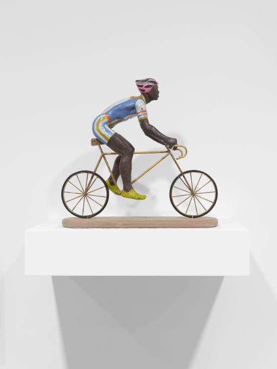 Derek Fordjour,&nbsp;Kyoto Rider, 2023, Wax, brass, rubber, acrylic, and walnut wood, 14 1/2 x 15 x 5 inches, 36.8 x 38.1 x 12.7 cm, MMG#36601