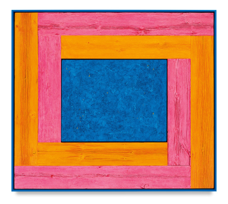 Untitled (Tree Painting-Double L, Pink, Orange, and Blue), 2021, Oil on linen and acrylic stain on reclaimed wood with artist frame, 62 7/8 x 71 inches, 159.7 x 180.3 cm,&nbsp;MMG#33039