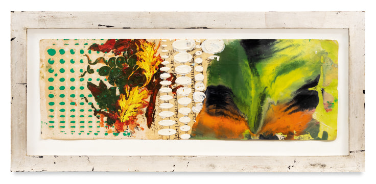 Raga 16, 2013,&nbsp;Oil stick, encaustic, vintage Indian paper, in artist&#039;s frame,&nbsp;10 x 20 inches,&nbsp;25.4 x 50.8 cm,&nbsp;MMG#30623