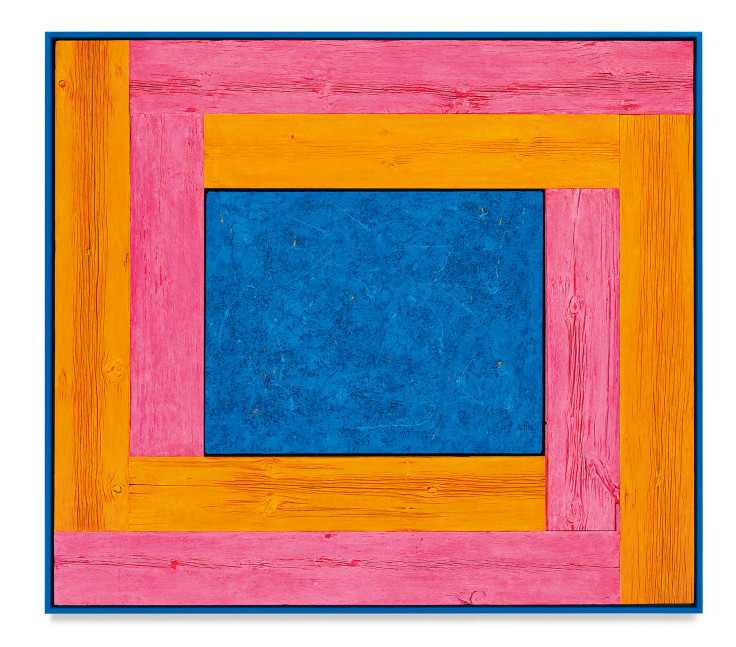 Untitled (Tree Painting-Double L, Pink, Orange, and Blue), 2021, Oil on linen and acrylic stain on reclaimed wood with artist frame, 62 7/8 x 71 inches, 159.7 x 180.3 cm,&nbsp;MMG#33039