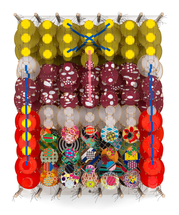 The problem with bubbles, 2025, Acrylic, paper, bamboo, wood, and Dacron,