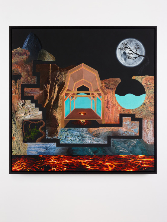Mesa de Fuego, 2023. Collage and acrylic on canvas; 36 x 36 in (91.4 x 91.4 cm)