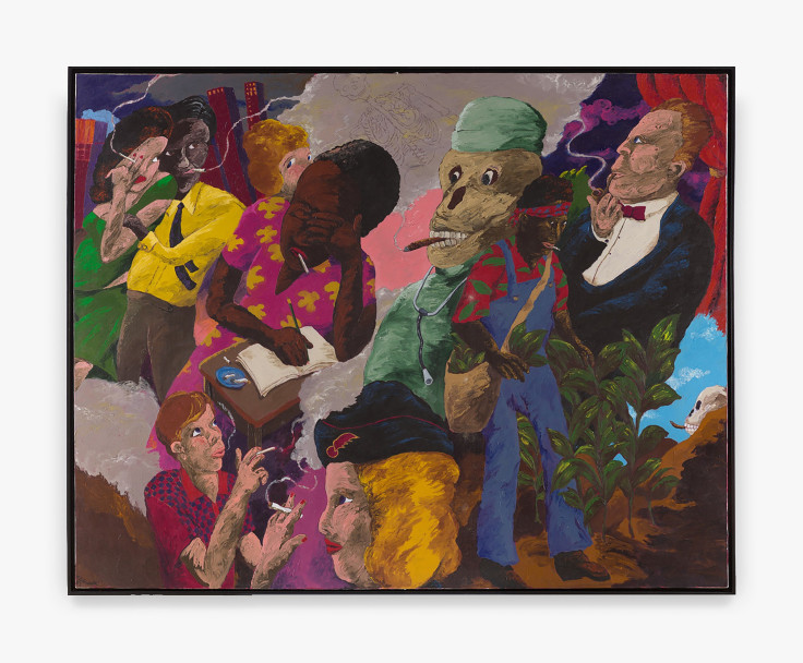 Robert Colescott, &quot;Tobacco: The Holdouts,&quot; 1987. Acrylic on canvas; Work: 90 x 114 in (228.6 x 289.6 cm) Framed: 92 3/4 x 116 3/4 in (235.6 x 296.5 cm)
