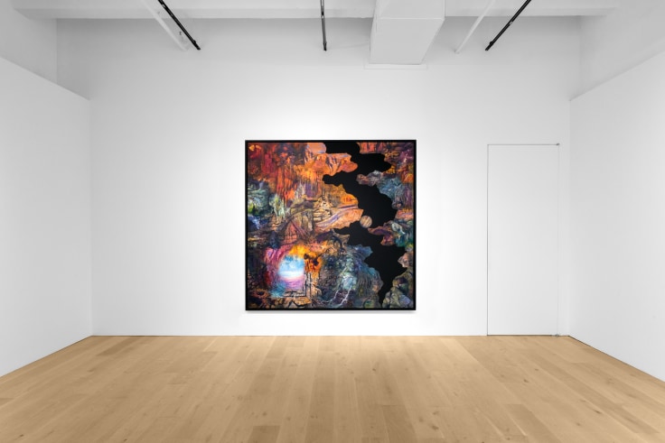 Installation view of Dustin Yellin: Cave Painting at Venus Over Manhattan, New York, 2023