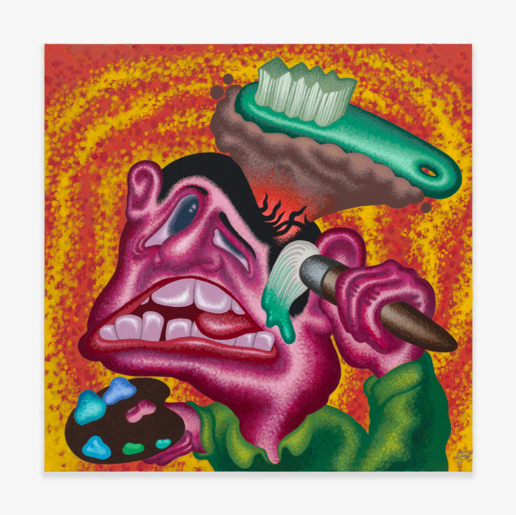 Painting by Peter Saul titled Painter Remembers to Brush His Teeth from 2020