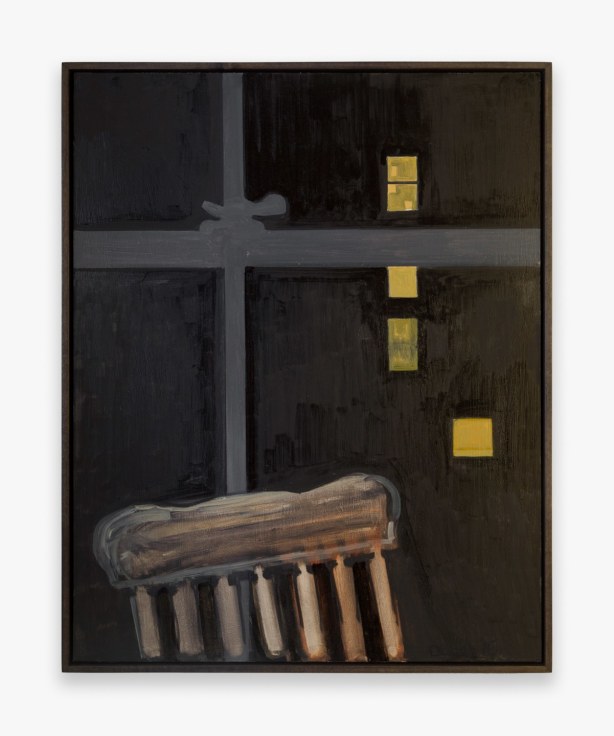 Painting by Lois Dodd, titled Chair, Night Window, from 2016