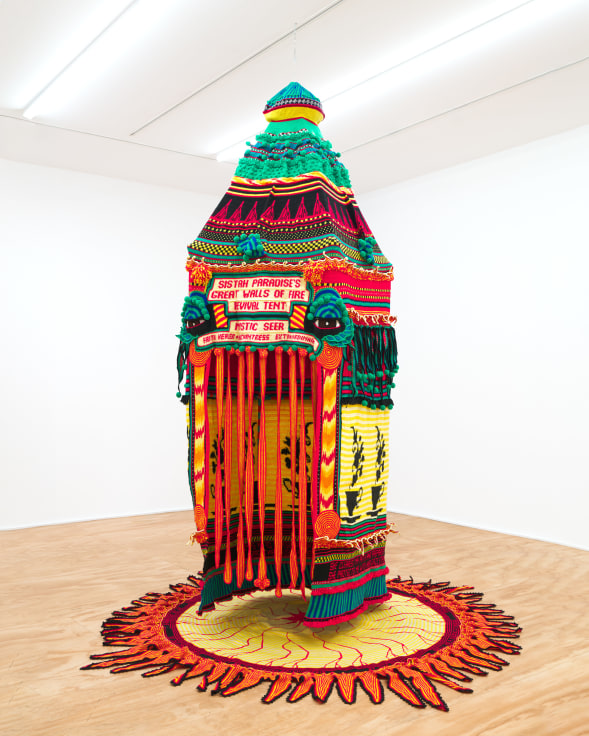 Crocheted artwork by Xenobia Bailey titled Sistah Paradise&rsquo;s Great Walls of Fire Revival Tent from 1993/1999/2009