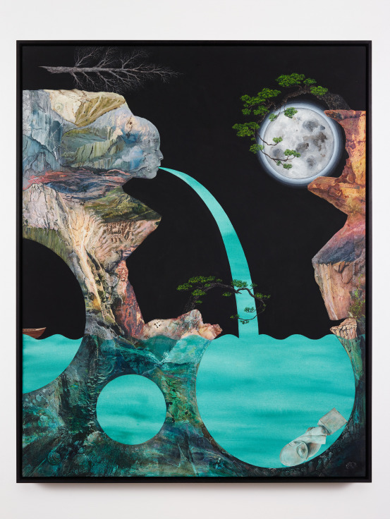 Zia Copernicus Falls, No. 4, 2023. Collage and acrylic on canvas; 50 x 40 in (127 x 101.6 in)