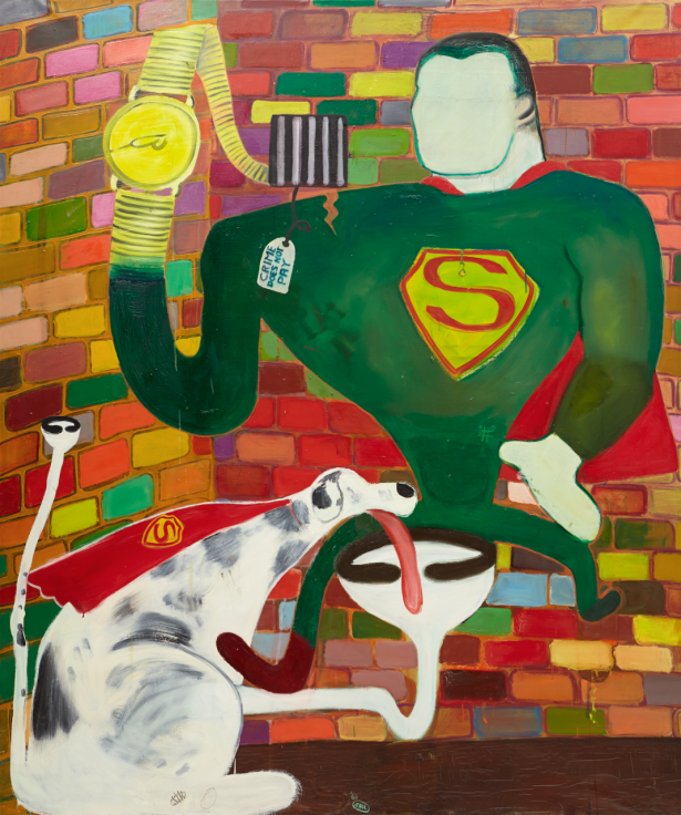PETER SAUL,&nbsp;SUPERMAN AND SUPERDOG IN JAIL, 1963, ACRYLIC ON CANVAS, 75&Prime; X 63&Prime;., &nbsp;