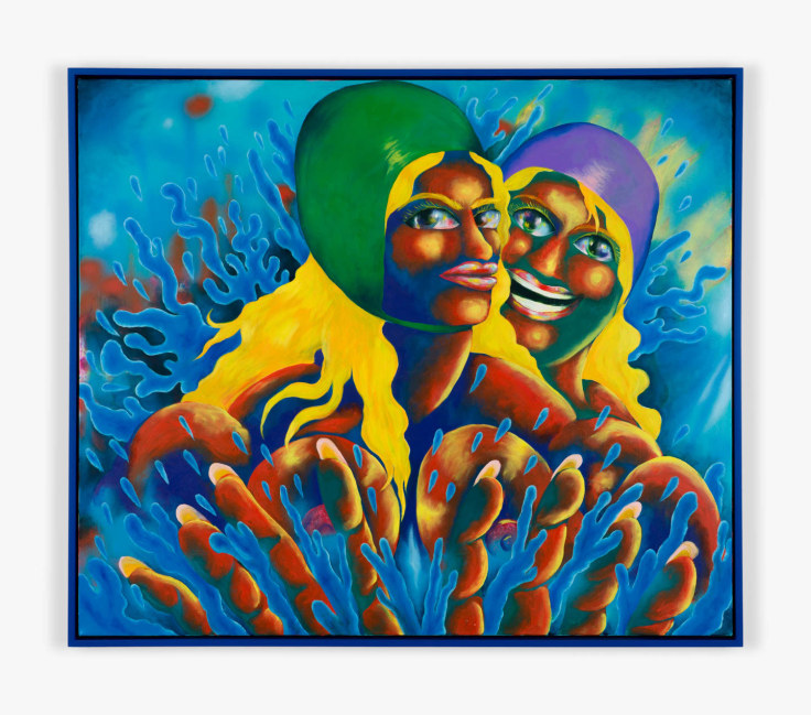 Ana Benaroya's painting titled There Were Never Such Devoted Sisters featuring two swimmers with bathing caps