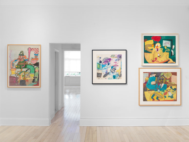 Installation view of Peter Saul Early Works on Paper at Venus Over Manhattan New York