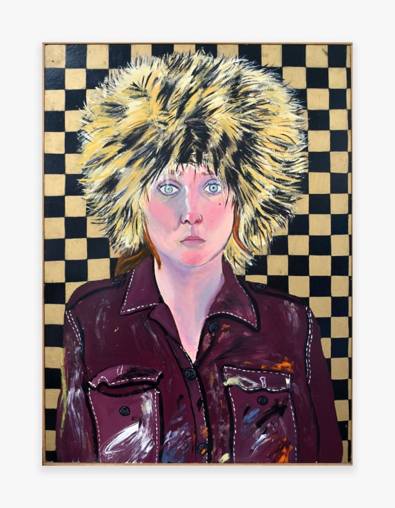 Painting by Joan Brown titled Self Portrait in Fur Hat from 1972