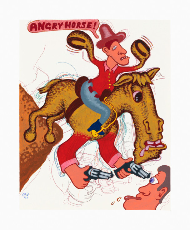 Work on paper by Peter Saul titled Angry Horse from 2020