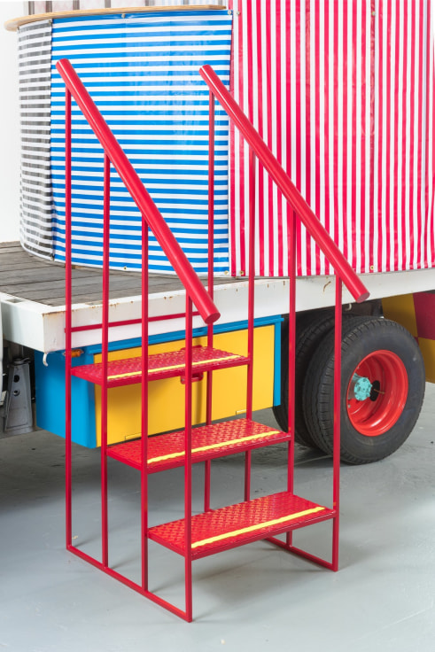 DETAIL OF PETER SHIRE, &quot;MR. TRUCK GOES TO COFFEE, OR THIS ONE&rsquo;S FOR YOU,&quot; 2016. 1979, TOYOTA 1-TON FLATBED TRUCK, STAINLESS STEEL, VINYL COVERING.