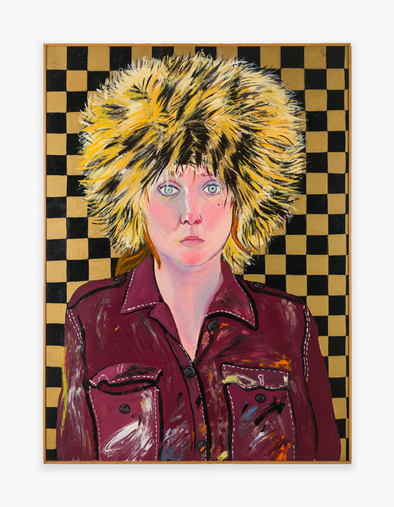 Painting by Joan Brown titled Self-Portrait in Fur Hat, from 1972