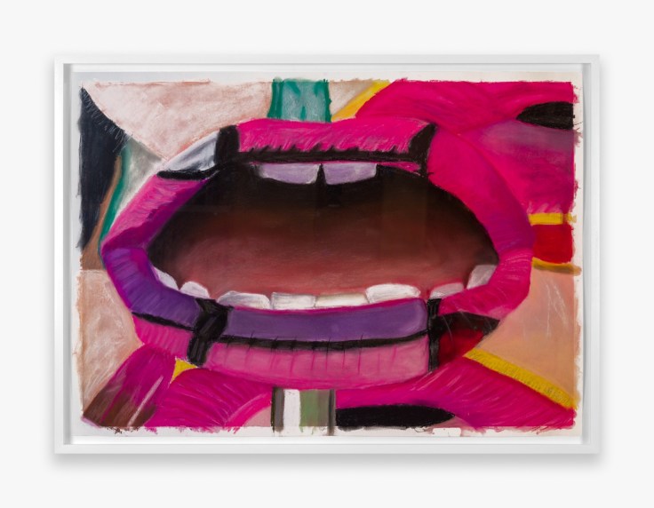 Work on paper by Gina Beavers, titled Painting Pink Mondrian on my lips, from 2021