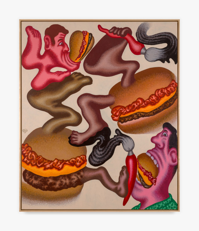 Painting by Peter Saul titled Cheeseburgers in the Art World from 2023