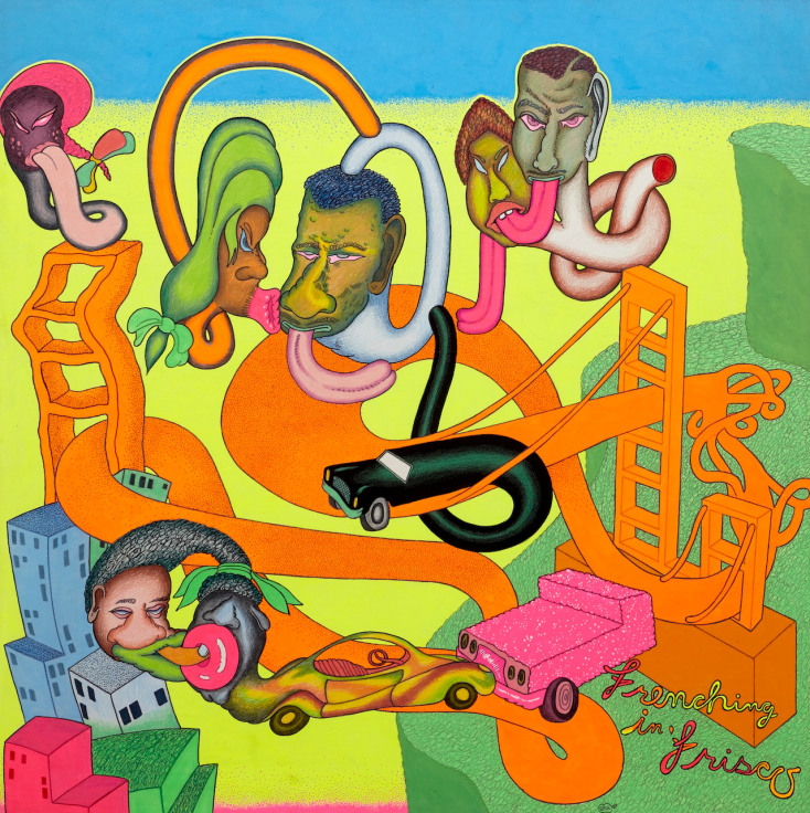 Peter Saul, &ldquo;No Title&rdquo; (1969), acrylic paint, colored pencil, crayon, and marker on board, 41 x 41 inches