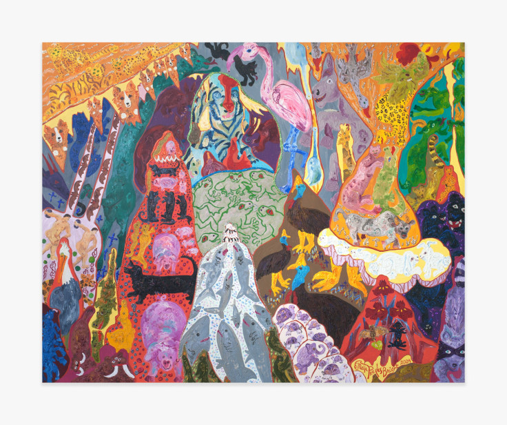 Painting by Maija Peeples-Bright, titled Woofus Vitruvius and The Bat Apple Among the Caverns Inhabitants, from 2009